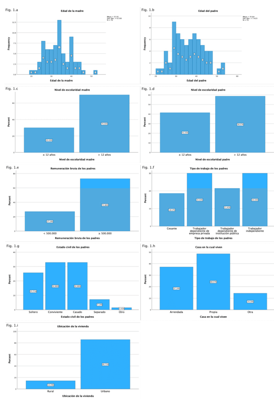 Figura 1. Información socio-demográfica de los padres de hijos/as preescolares. El panel muestra las variables “Edad madre/padre”, “Nivel de escolaridad madre/padre”, “Remuneración bruta padres”, “Tipo de trabajo padres”, “Estado Civil de los padres”, “Casa en la cual viven” y “Ubicación de la vivienda”.